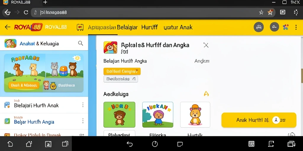 Antarmuka interaktif ROYAL88 untuk belajar huruf dan angka.