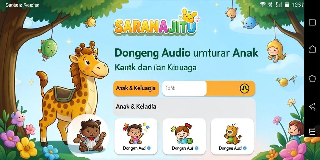 Antarmuka aplikasi SARANAJITU yang menampilkan beragam dongeng audio.